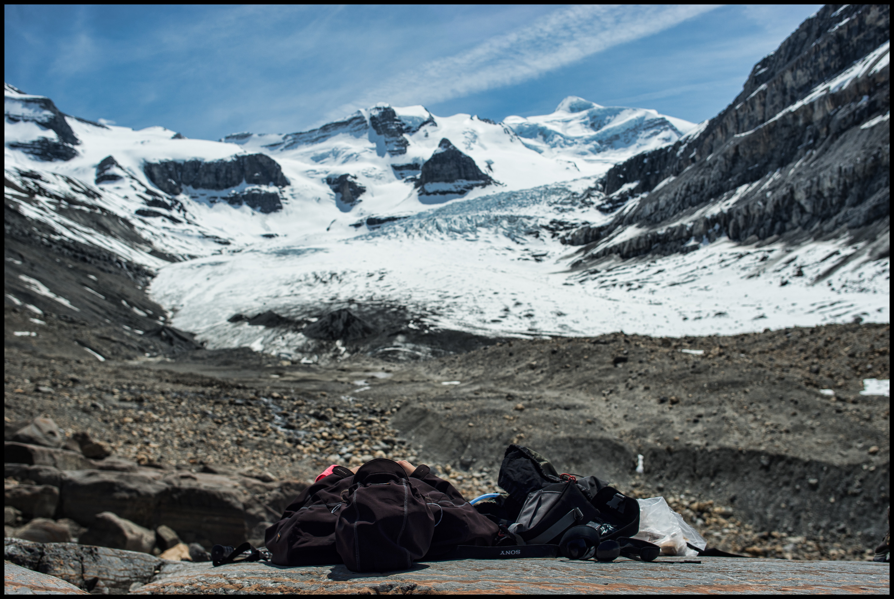 Taking a nap at the foot of Robson glacier, Berg Lake Sony A7 / Canon FD Tilt Shift 35 2.8